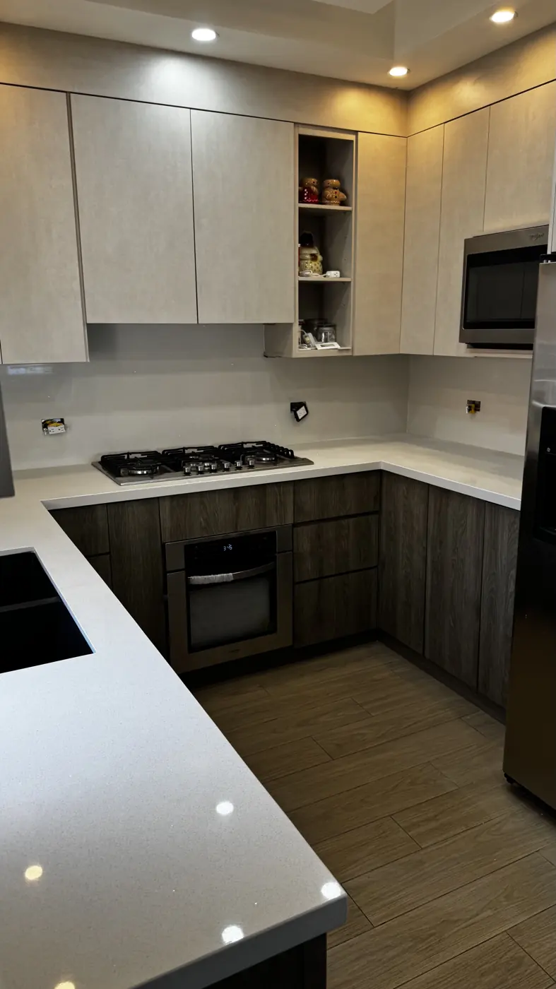 Cocina con cubierta y backsplash de cuarzo Blanco Diamante